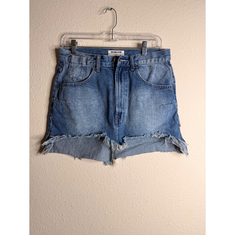 One Teaspoon Vanguard Denim Mini Skirt Mid Waist Raw Hem High Low Blue Jean 28